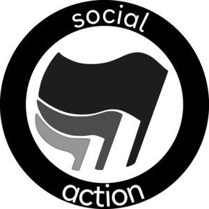 drei sichüberlappend wehende Flaggen von einem Kreis umschlossen indem die Wöter social action stehen